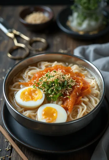 Yeolmu naengmyeon tálalva retkével, uborkával és főtt tojással