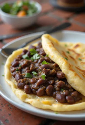 Arepa con Frijoles Negros koreai stílusú étel tálalva