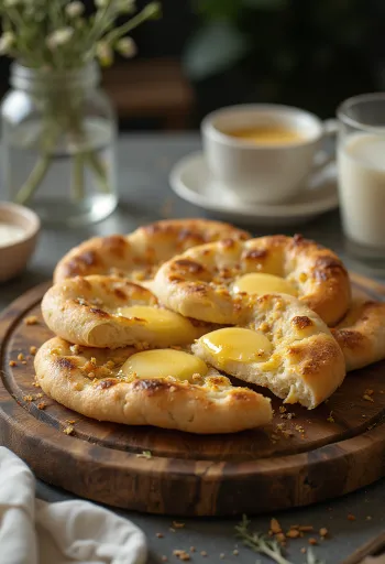 Bannock tejjel és vajjal, frissen sült, puha tésztával tálalva