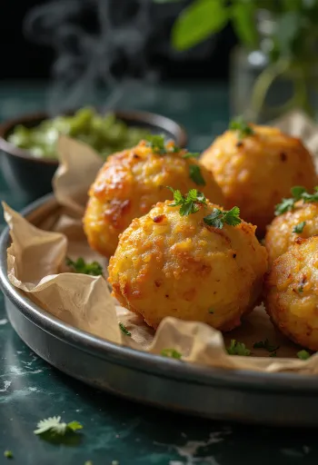 Frissen készült Batata Vada, ropogós burgonya golyókkal, díszítve korianderrel