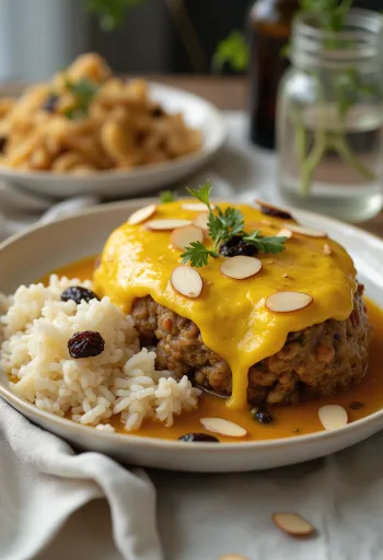 Bobotie curry fűszerkeverékkel, frissen tálalva, rizs kíséretében