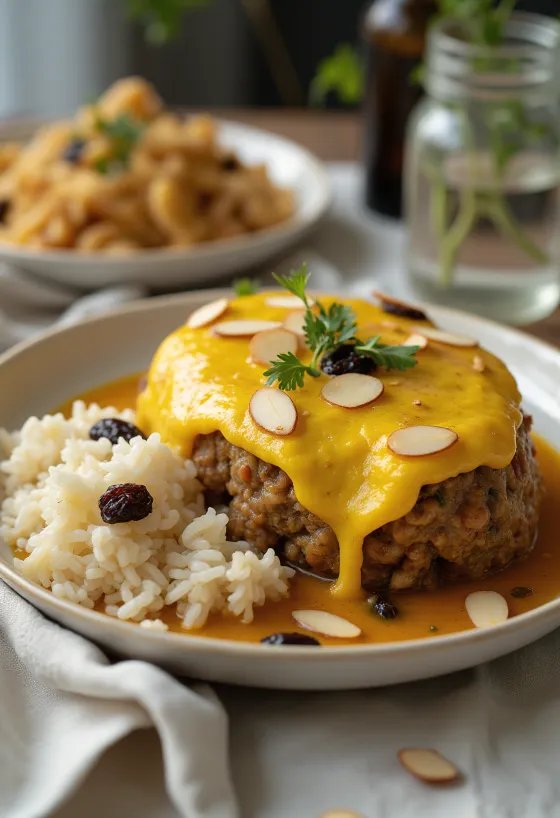 Bobotie curry fűszerkeverékkel, frissen tálalva, rizs kíséretében