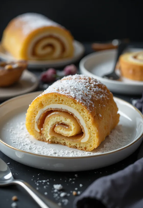 Bolo de rolo tejkaramellel, frissen tálalva, karamellás töltelékkel