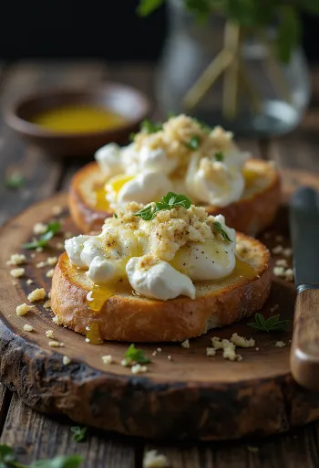 Burrata pirított kenyérrel, fokhagymával és balzsamecettel tálalva, friss bazsalikommal díszítve.