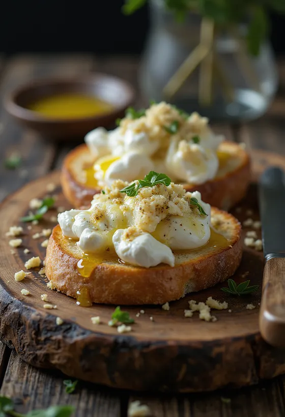 Burrata pirított kenyérrel, fokhagymával és balzsamecettel tálalva, friss bazsalikommal díszítve.