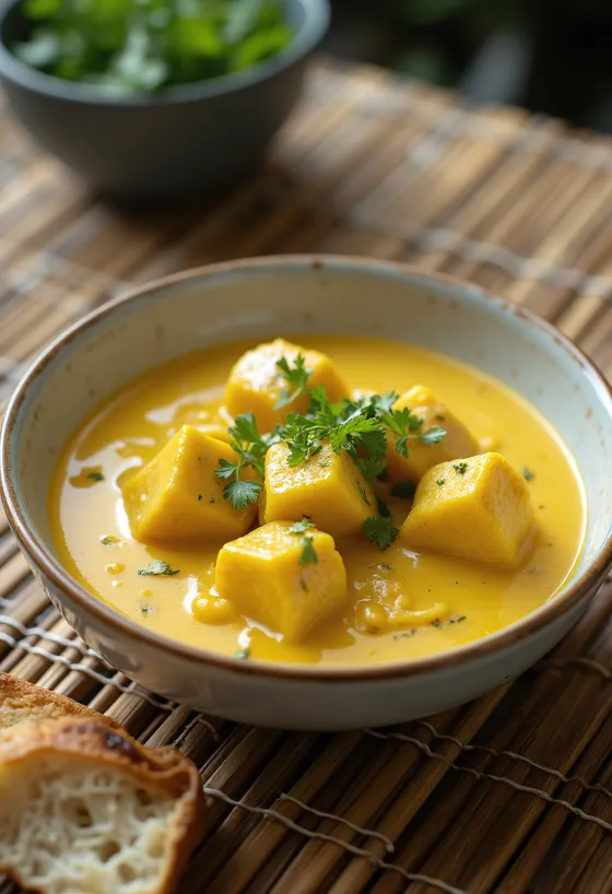 Cà ri kókusztejjel krémes curry csirkehússal, korianderrel díszítve