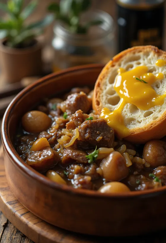 Carbonnade Flamande tálalva burgonyapürével