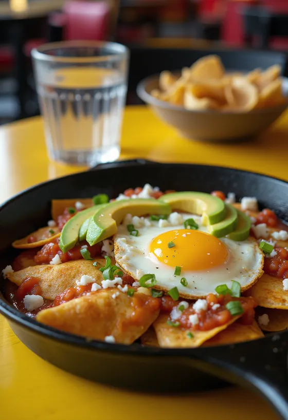 Friss chilaquiles con aguacate tálalva, avokádóval és tükörtojással