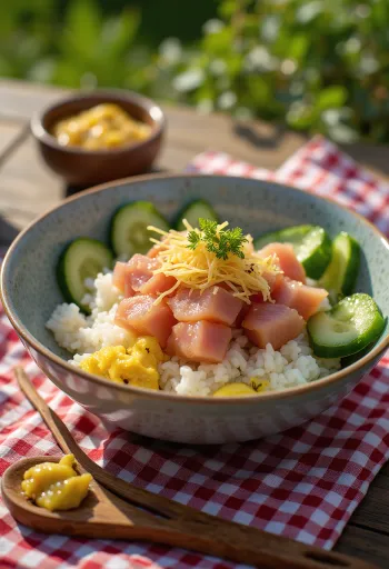 Chirashi tál japán mustárral és friss zöldségekkel tálalva
