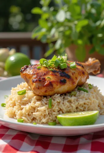 Cơm tấm grillezett csirkével, tálalva friss zöldségekkel és rizssel