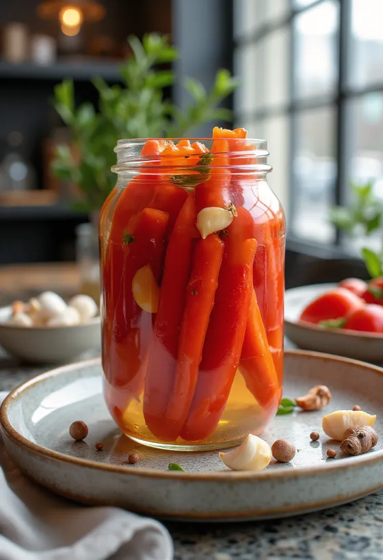 Csípős ecetes piros paprika csíkok üvegben tálalva