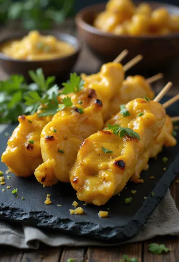 Curry satay, grillezett csirke nyársak curry pácban