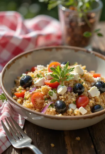 Farro saláta feta sajttal, olívabogyóval és friss zöldségekkel tálalva