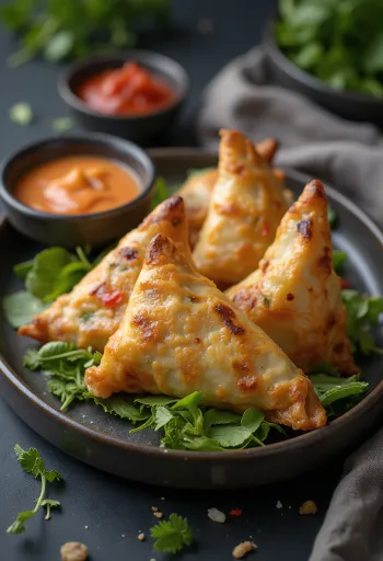Grillzöldséges samosa tálalva