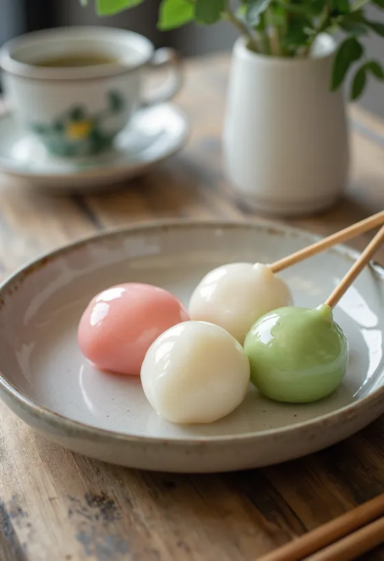 Hanami Dango, színes rizsgolyókból készült japán édesség tavaszi dekorációval