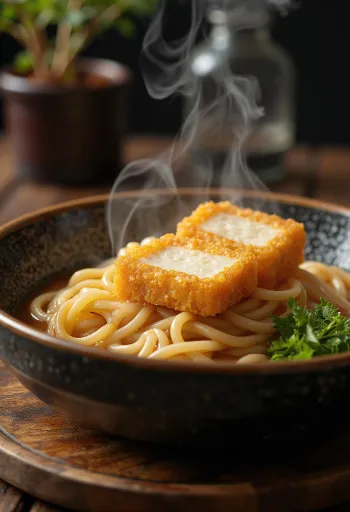 Kitsune udon hideg udon tészta rántott tofut, szójaszósz alapú szósszal és friss zöldhagymával tálalva