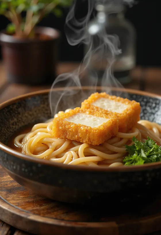 Kitsune udon hideg udon tészta rántott tofut, szójaszósz alapú szósszal és friss zöldhagymával tálalva