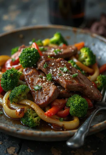 Lomo saltado marhahússal és sült zöldségekkel tálalva