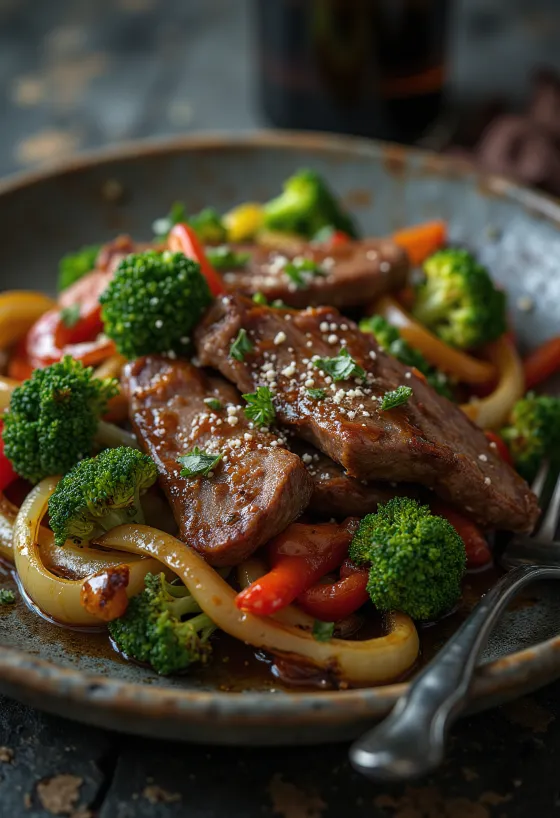Lomo saltado marhahússal és sült zöldségekkel tálalva