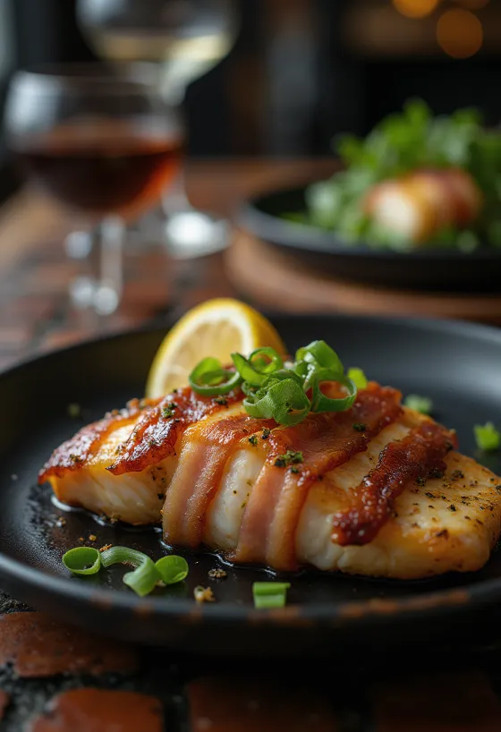 Miso-marinated cod baconnel tálalva