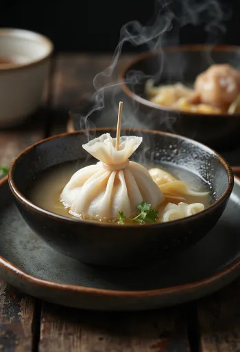 Oden mochi kinchakkuval tálalva