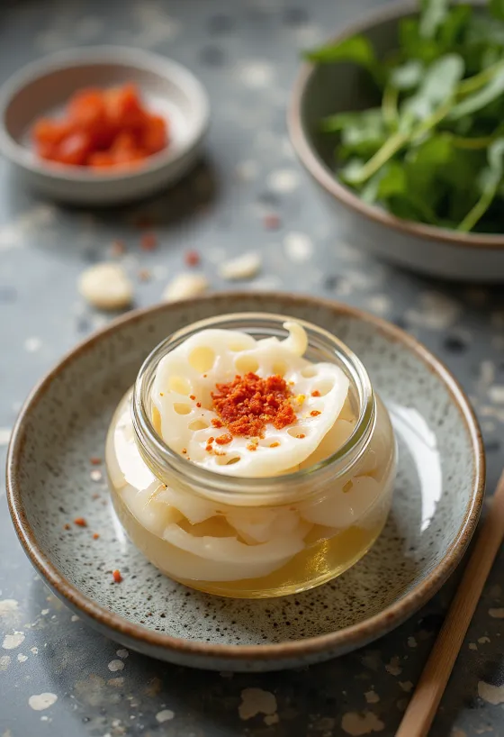 Pickled lotus root in a glass jar
