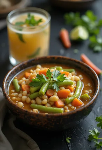 Pozole vegano tálalva lime-mal, korianderrel, és friss zöldhagymával