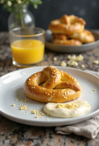 Pretzel túróval tálalva, gazdag túróval a tetején, kívül ropogós és belül puha.