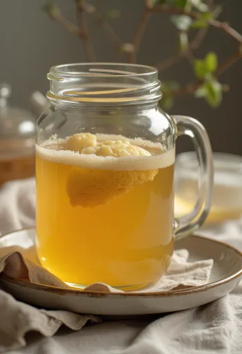 Probiotikus zöld tea kombucha üvegben, szénsavas ital világos árnyalatú színnel