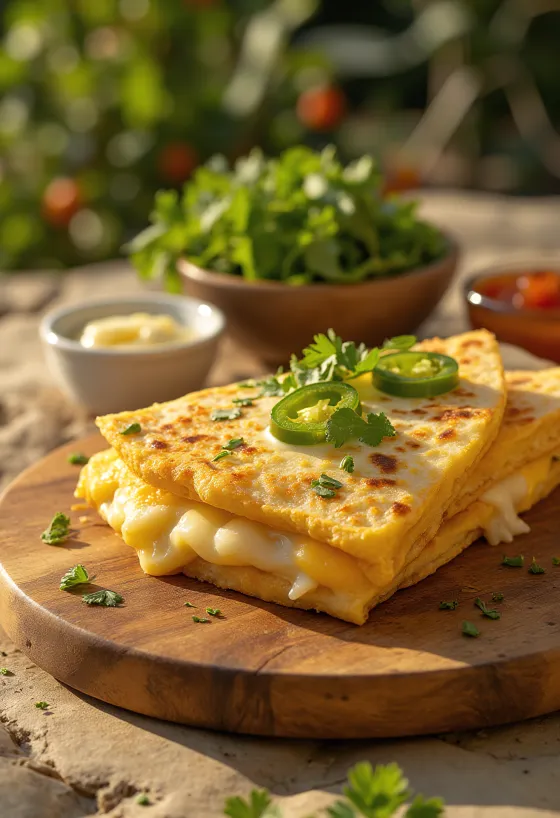 Quesadilla pancake sajttal és csirkével tálalva