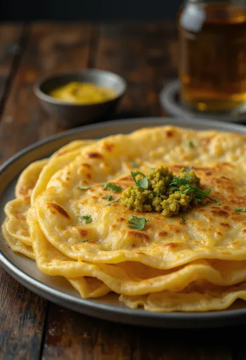 Rava dosa frissen, ropogósra sütve, fűszeres töltelékkel és kókuszreszelékkel tálalva