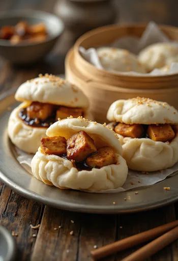 Ropogós szezámmagos tofuval töltött bao bun tálalva