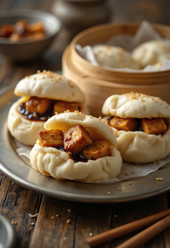 Ropogós szezámmagos tofuval töltött bao bun tálalva