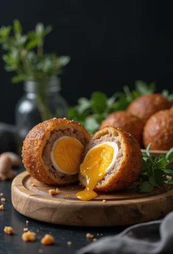 Scotch egg lágy tojással, frissen készítve, kívül ropogós, belül lágy tojással