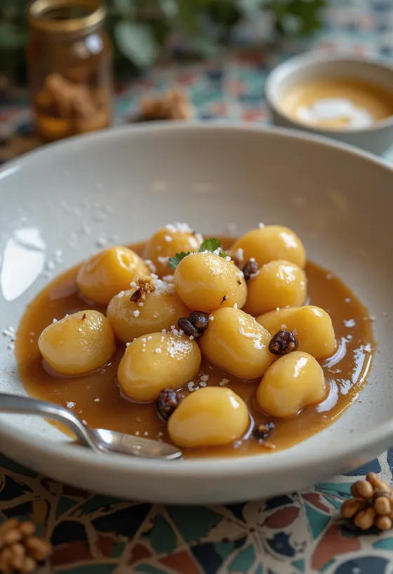 Sós karamellás gnocchi tálalva