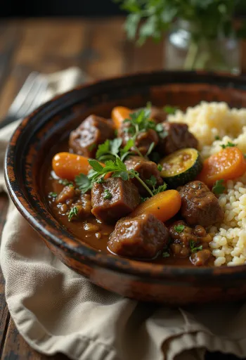 Klasszikus tagine marhahússal, gazdag zöldségekkel tálalva, fűszeres öntettel