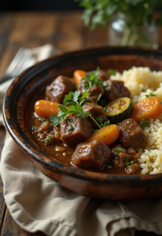 Klasszikus tagine marhahússal, gazdag zöldségekkel tálalva, fűszeres öntettel