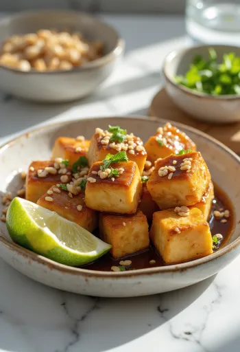 Tofu falatok pirított mogyoróval tálalva