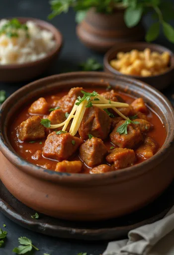 Vindaloo marhahússal, fűszeres szószban tálalva