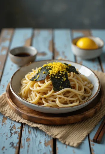 Zaru soba citromhéjjal tálalva szezámmaggal és nori algával