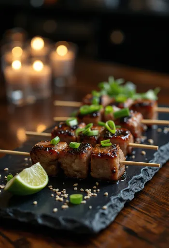 Anticucho nikkei grillezett marhahússal, lime-mal és korianderrel tálalva