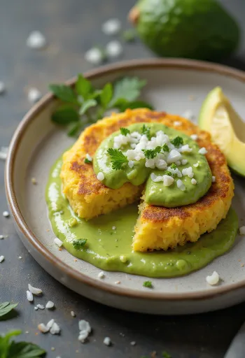 Arepa con Guasacaca, aranybarna, friss arepák avokádós szósszal tálalva