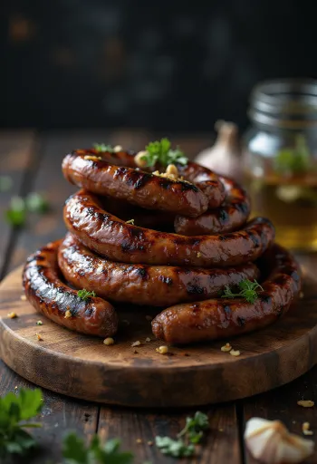 Boerewors fokhagymával, sült zöldségekkel tálalva