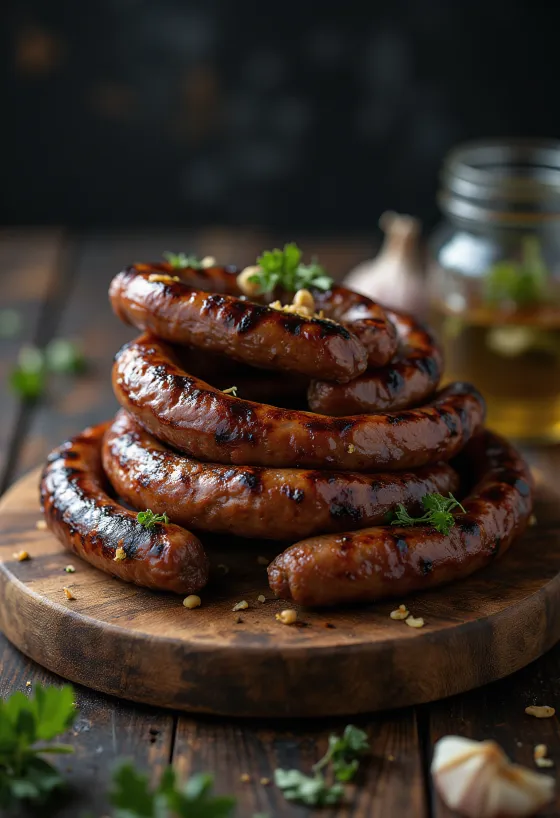 Boerewors fokhagymával, sült zöldségekkel tálalva
