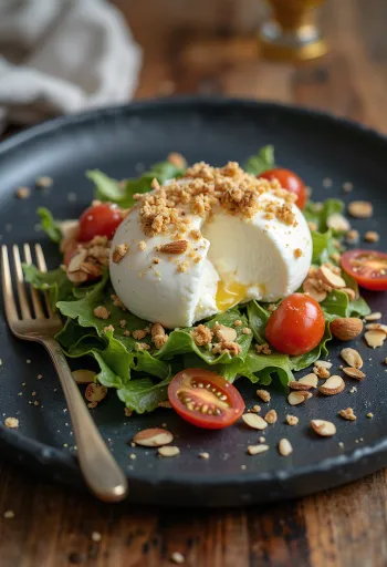 Burrata pirított mandulával, friss paradicsommal és salátával tálalva.