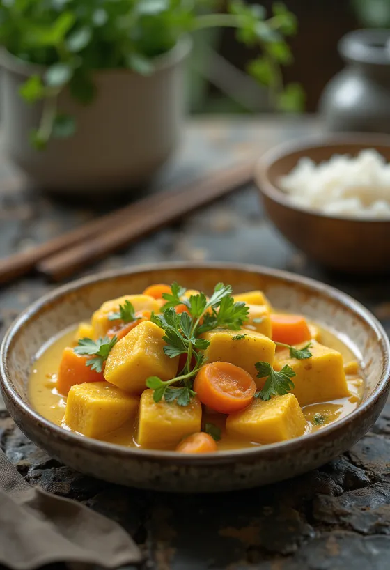 Cà ri tofuval, tofu kockák, zöldségek, és friss koriander