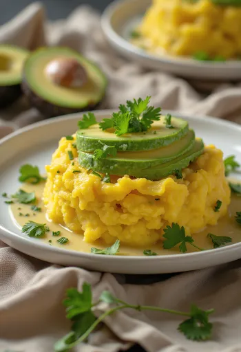 Causa de palta avokádóval, friss tenger gyümölcseivel és korianderrel díszítve