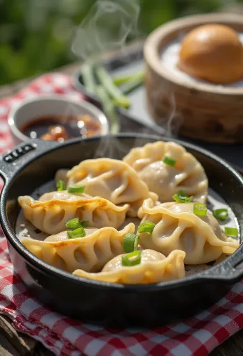 Chicken Gyoza tálalva csirkemellből, szójaszószos mártogatóval
