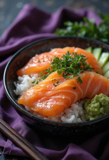 Chirashi tál lazaccal és friss zöldségekkel tálalva