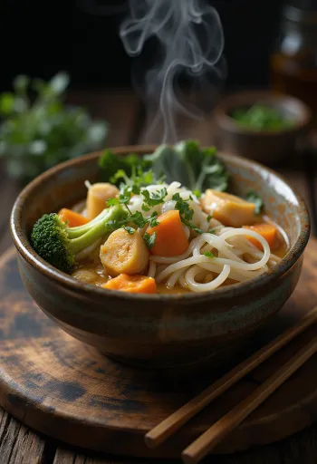 Curry udon frissen tálalva, gazdag curry szósszal, zöldségekkel és udon tésztával